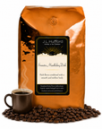 5 lb J.L. Hufford Sumatra Mandheling Dark coffee bag with coffee beans and a mug of coffee on a white background