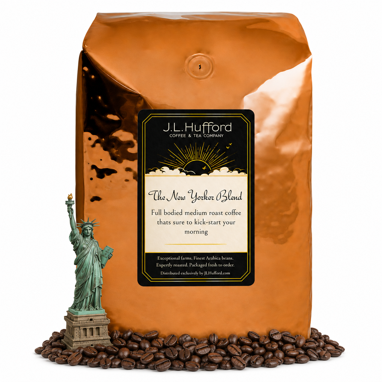5 lb J.L. Hufford The New Yorker Blend coffee bag with coffee beans and statue of liberty on a white background