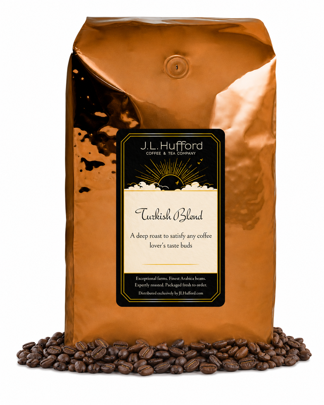 5 lb J.L. Hufford Turkish Blend coffee bag with coffee beans on a white background