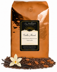 5 lb J.L. Hufford Vanilla Almond coffee bag with coffee beans, vanilla sticks, and almonds on a white background