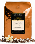 5 lb J.L. Hufford Vanilla Colada coffee bag with coffee beans, vanilla sticks, and coconut shavings on a white background