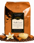 5 lb J.L. Hufford Vanilla Custard coffee bag with coffee beans, vanilla sticks, blocks of caramel, and vanilla custard on a white background