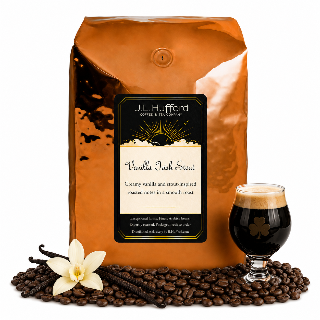 5 lb J.L. Hufford Vanilla Irish Stout coffee bag with coffee beans, vanilla sticks, and a glass of Irish Stout on a white background
