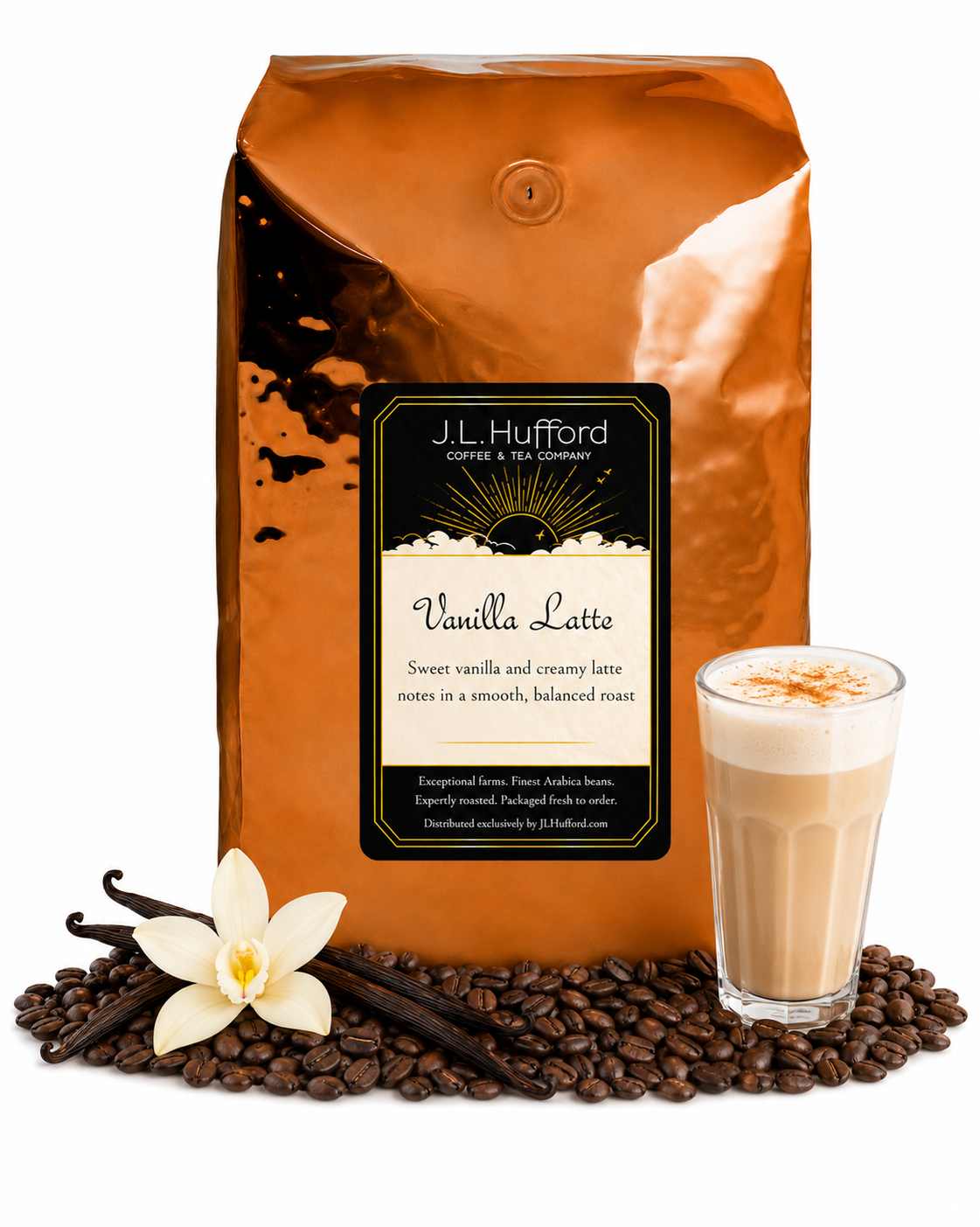 5 lb J.L. Hufford Vanilla Latte coffee bag with coffee beans, vanilla sticks, and a glass of vanilla latte on a white background