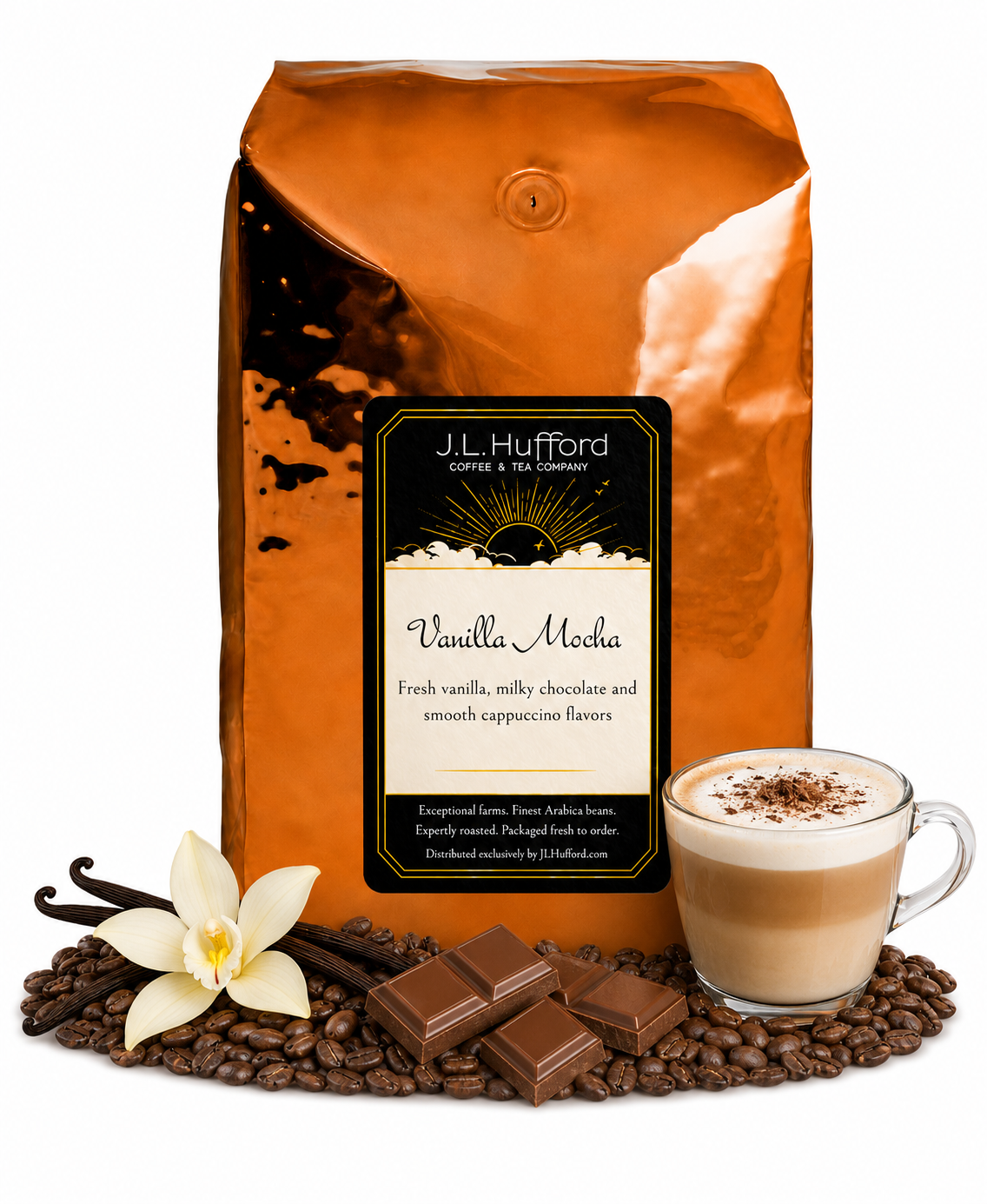 5 lb J.L. Hufford Vanilla Mocha coffee bag with coffee beans, vanilla sticks, milk chocolate, and a glass of a cappuccino on a white background