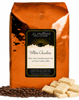5 lb J.L. Hufford White Chocolate coffee bag with coffee beans and white chocolate bars on a white background