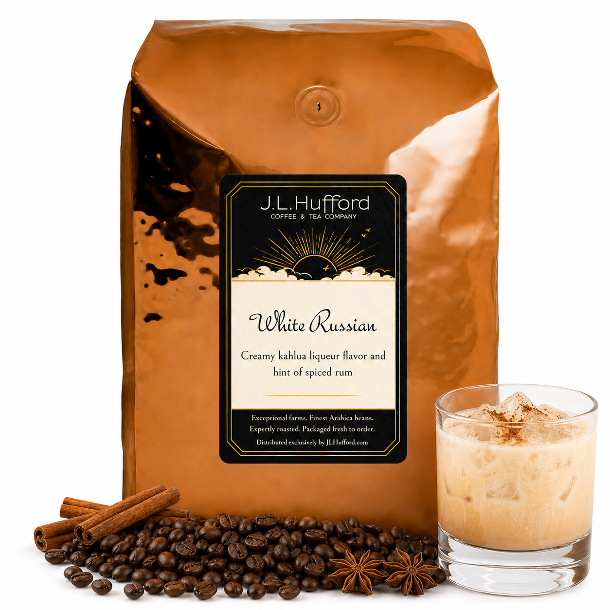 5 lb J.L. Hufford White Russian coffee bag with coffee beans, spices, and white Russian in a glass on a white background