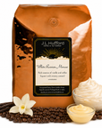 5 lb J.L. Hufford White Russian Mousse coffee bag with coffee beans, vanilla, custard, and white Russian mousse on a white background