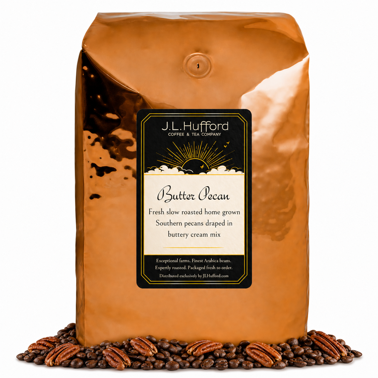 5 lb Coffee bag labeled 'Butter Pecan' by J.L. Hufford with coffee beans and pecans on a white background