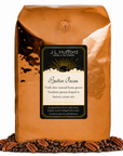 5 lb Coffee bag labeled 'Butter Pecan' by J.L. Hufford with coffee beans and pecans on a white background
