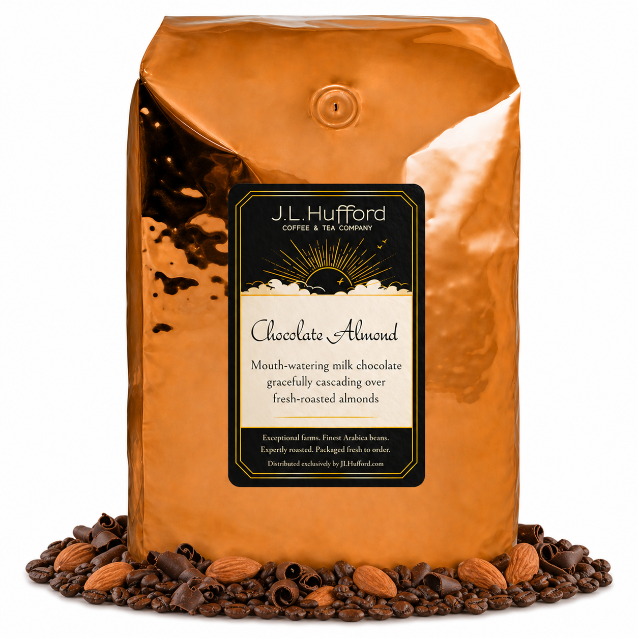 5 lb Coffee bag labeled 'Chocolate Almond' by J.L. Hufford with coffee beans, chocolate shavings, and almonds on a white background