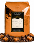 5 lb Chocolate Carmel coffee beans bag with carmel squares, chocolate flakes, and coffee beans in front displayed on a white background