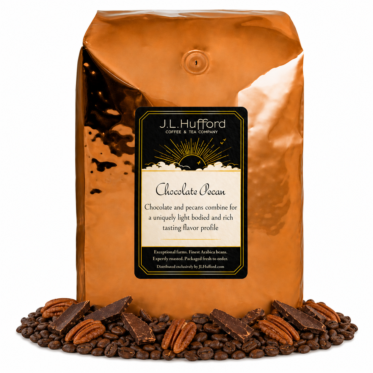 5 lb coffee bag labeled 'Chocolate Pecan' with chocolate pecan flavor, surrounded by coffee beans, chocolate, and pecans on a white background.