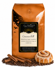 5 lb Cinnamon Roll coffee beans bag with coffee beans, cinnamon sticks, and cinnamon roll in front displayed on a white background