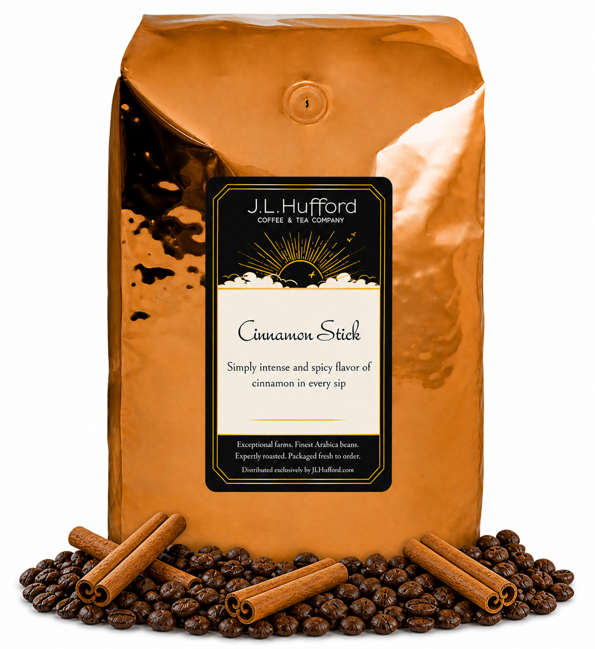 5 lb Cinnamon Stick coffee beans bag with coffee beans and cinnamon sticks in front displayed on a white background