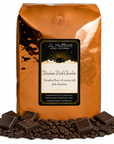 5 lb Decadent Dark Chocolate coffee beans bag with coffee beans and blocks of dark chocolate in front displayed on a white background