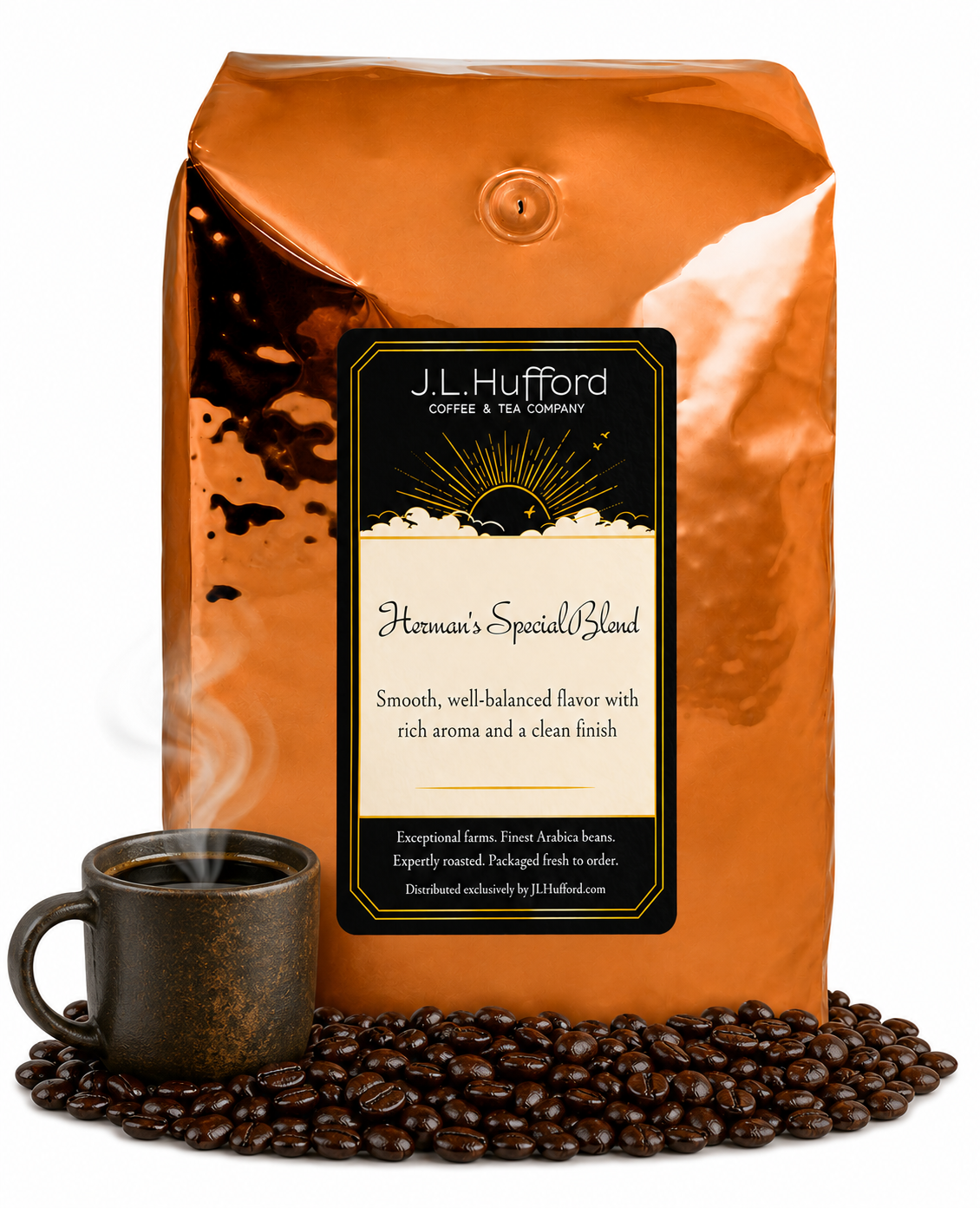 5 lb J.L. Hufford Herman's Special Blend coffee bag with coffee beans and mug of coffee on a white background