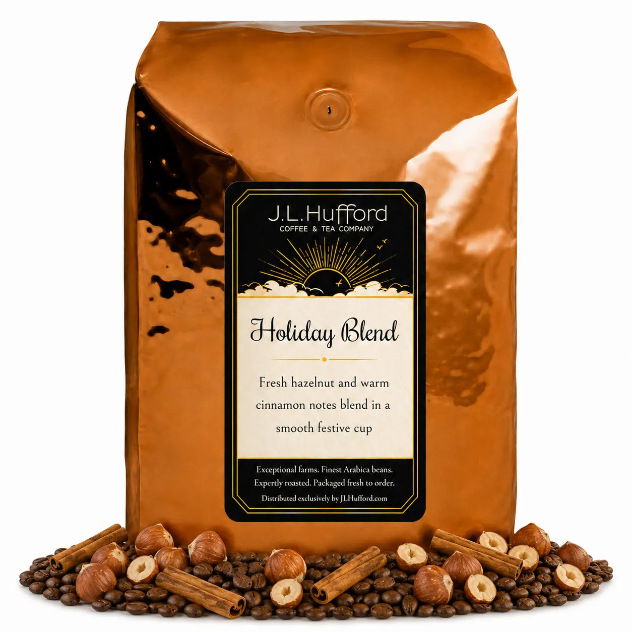 5 lb Holiday Blend coffee beans bag with coffee beans, hazelnuts, and cinnamon sticks in front displayed on a white background