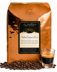 5 lb J.L. Hufford Italian Espresso Roast coffee bag with coffee beans and a shot of espresso on a white background