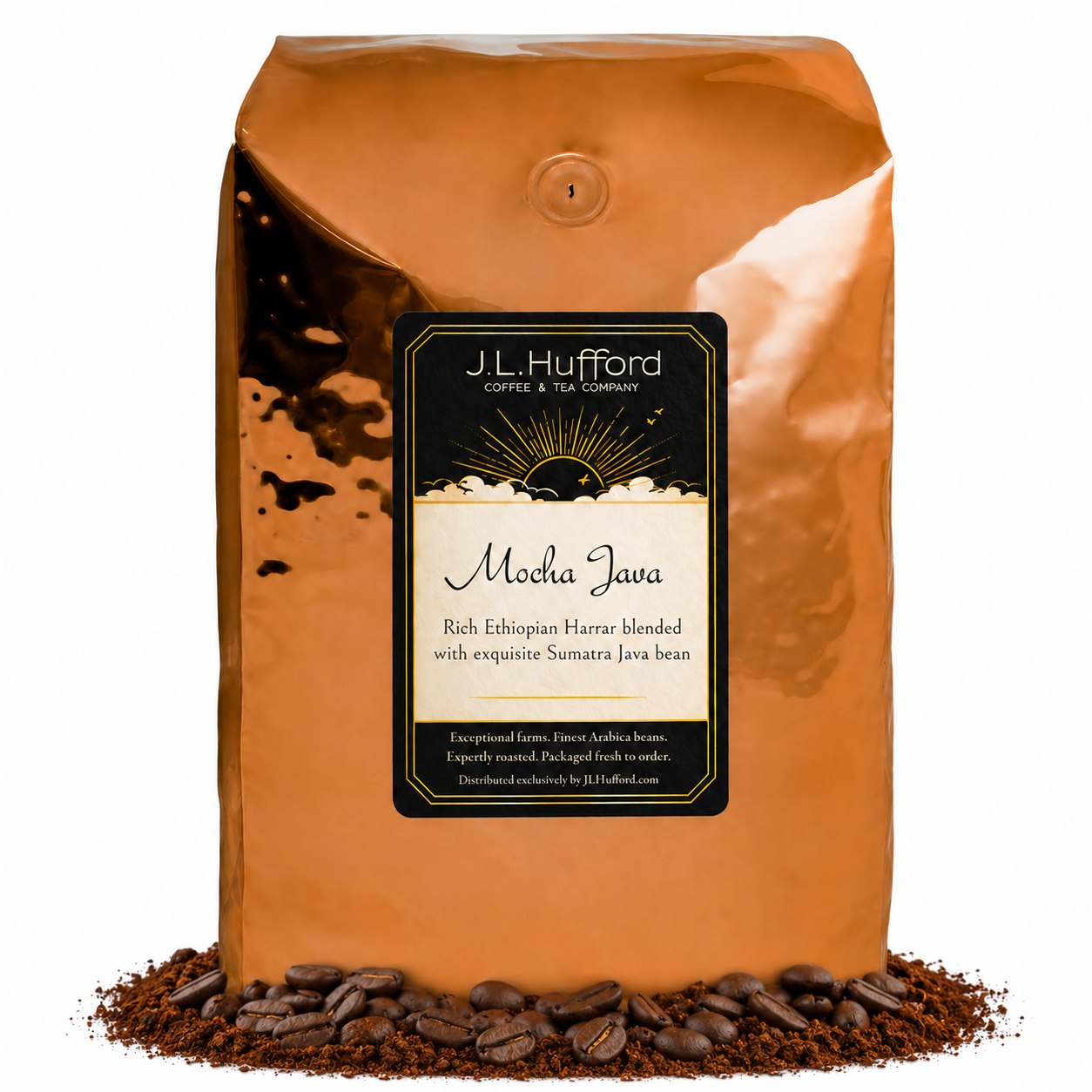 5 lb J.L. Hufford Mocha Java coffee bag with coffee beans and mocha powder on a white background