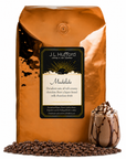5 lb J.L. Hufford Mudslide coffee bag with coffee beans and mudslide drink on a white background