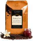 5 lb J.L. Hufford Raspberry Cream coffee bag with coffee beans, vanilla sticks, and a jar of raspberry jam on a white background