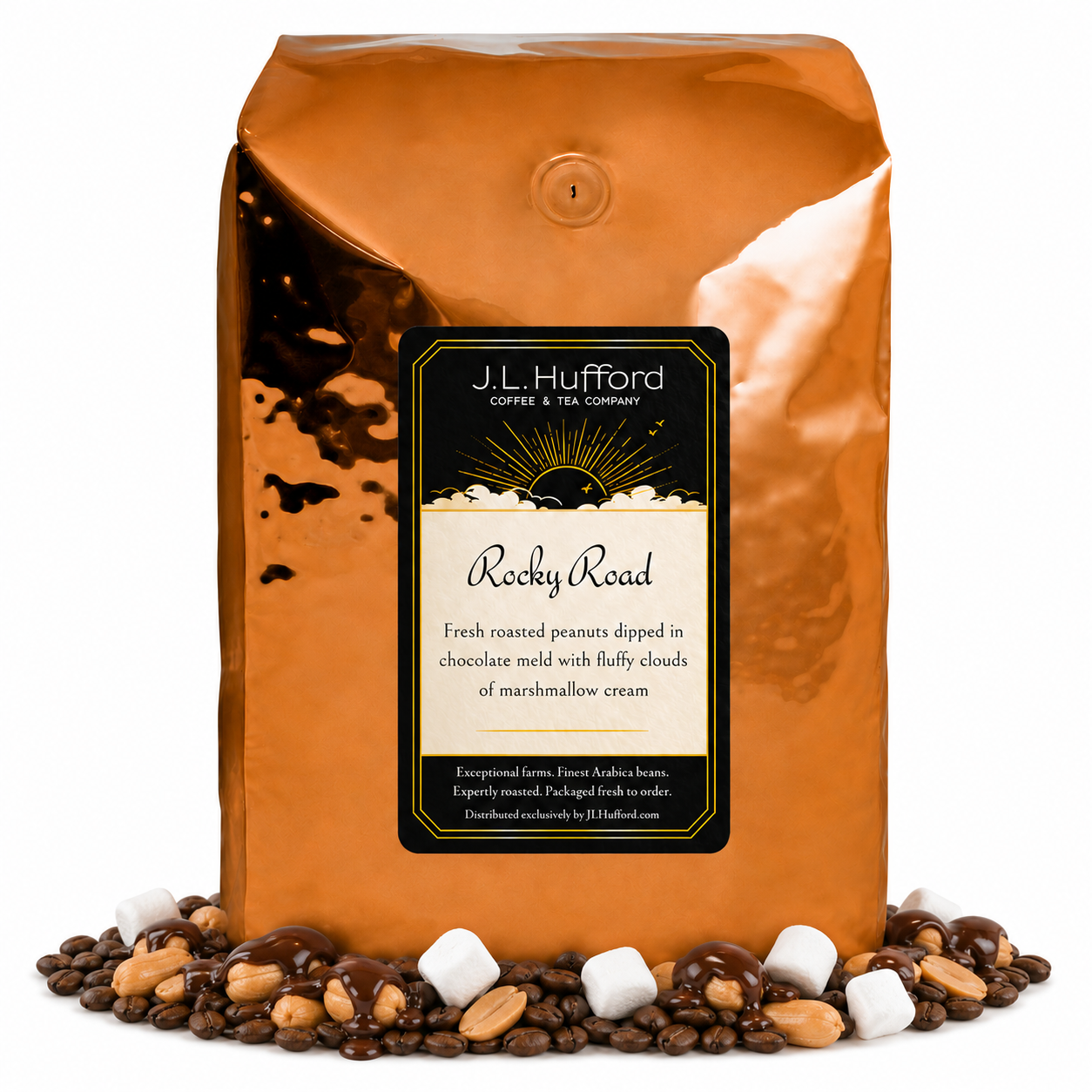 5 lb J.L. Hufford Rocky Road coffee bag with coffee beans, marshmallows, and peanuts covered in melted chocolate on a white background