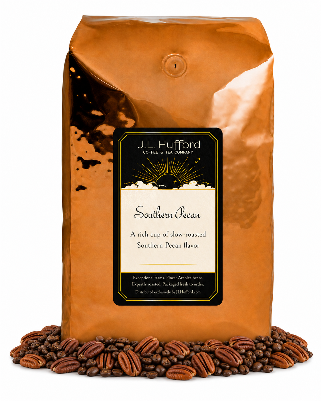 5 lb J.L. Hufford Southern Pecan coffee bag with coffee beans and pecans on a white background