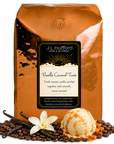5 lb J.L. Hufford Vanilla Caramel Twist coffee bag with coffee beans, vanilla sticks, and vanilla caramel twist ice cream on a white background