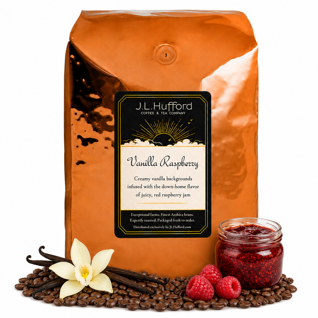 5 lb J.L. Hufford Vanilla Raspberry coffee bag with coffee beans, vanilla sticks, raspberries, and raspberry jam on a white background