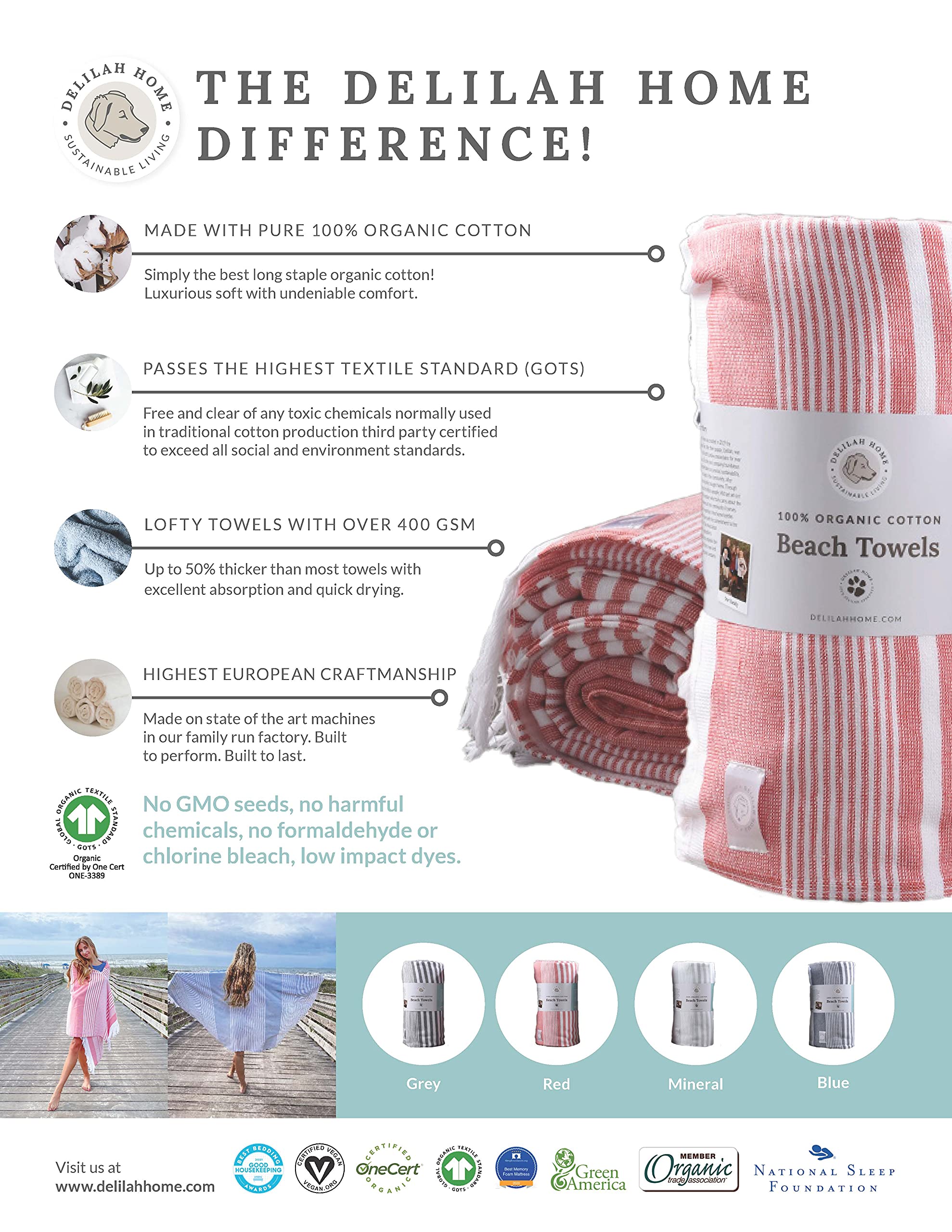 Delilah Home Sustainable Living 100% Organic Cotton Beach Towel 36-Inch by 70-Inch