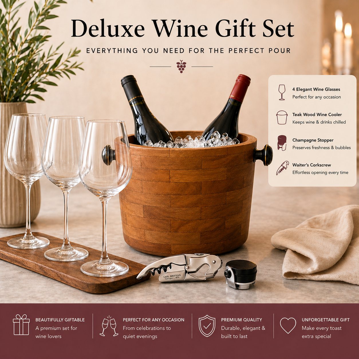 Deluxe wine gift set with teak wine cooler, glasses, and accessories on a wooden surface.