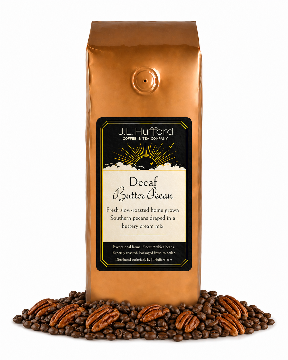 1 lb Coffee bag labeled 'Decaf Butter Pecan' by J.L. Hufford with coffee beans and pecans on a white background