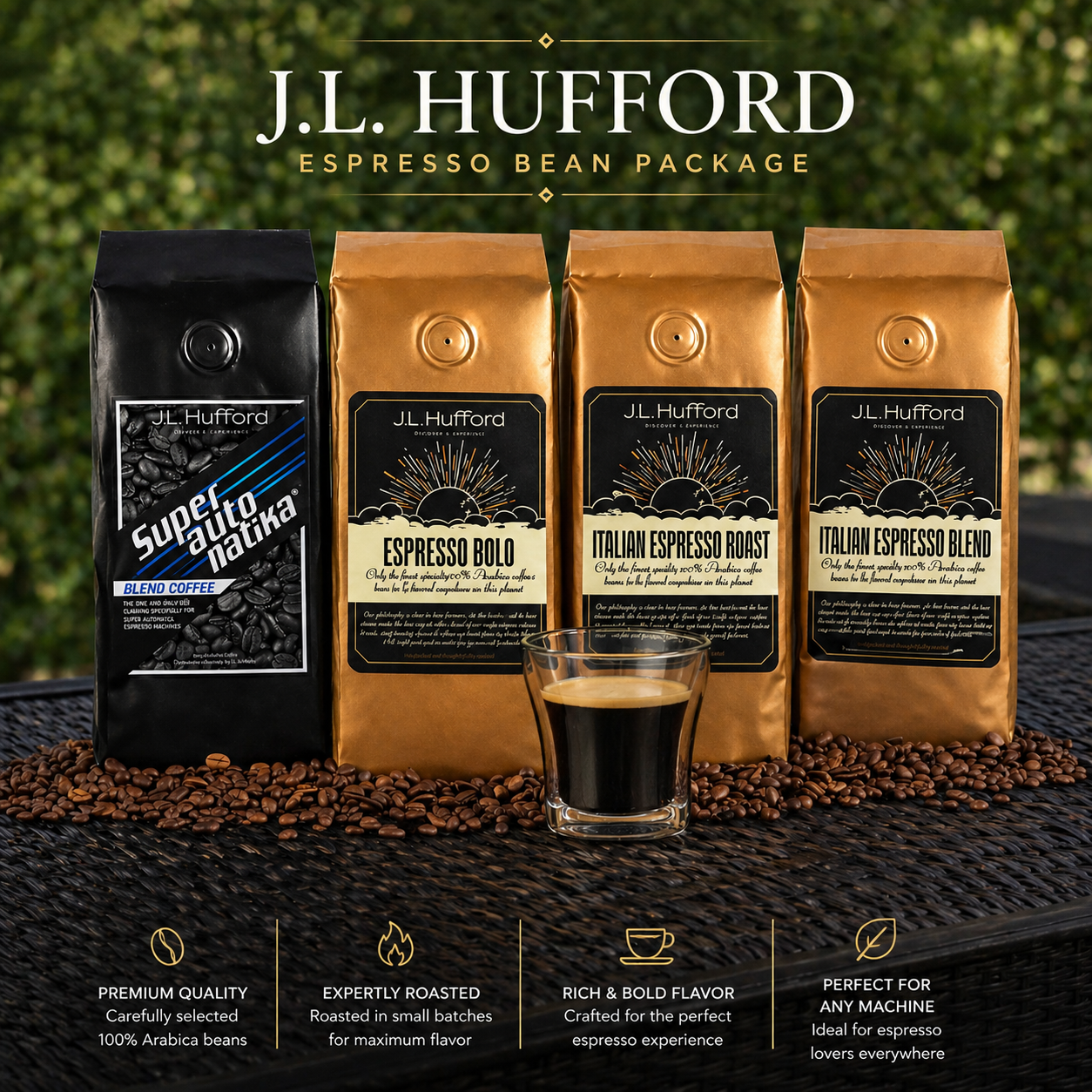 J.L. Hufford espresso bean package with coffee bags and a glass of coffee on a dark surface.