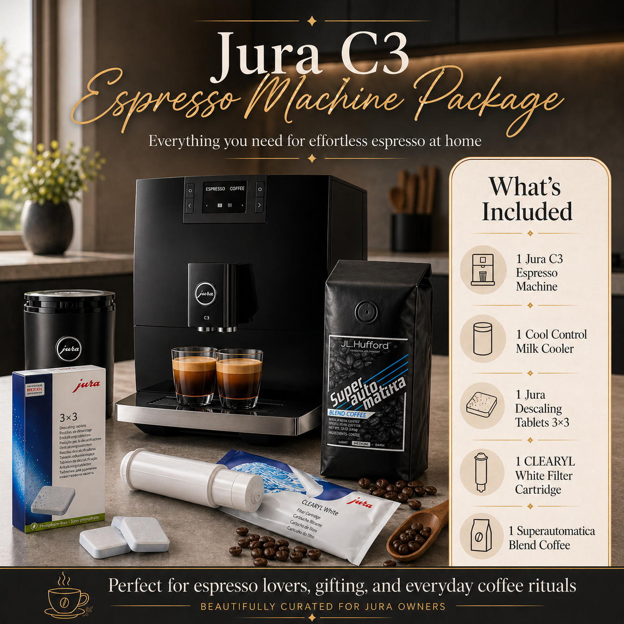 Jura C3 Espresso Machine Package with coffee machine, Superautomatika coffee beans, and accessories on a wooden surface.
