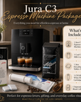 Jura C3 Espresso Machine Package with coffee machine, Superautomatika coffee beans, and accessories on a wooden surface.