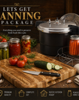 Canning package with a pressure cooker, cutting board, knife,  jars, and fresh vegetables on a rustic kitchen counter.