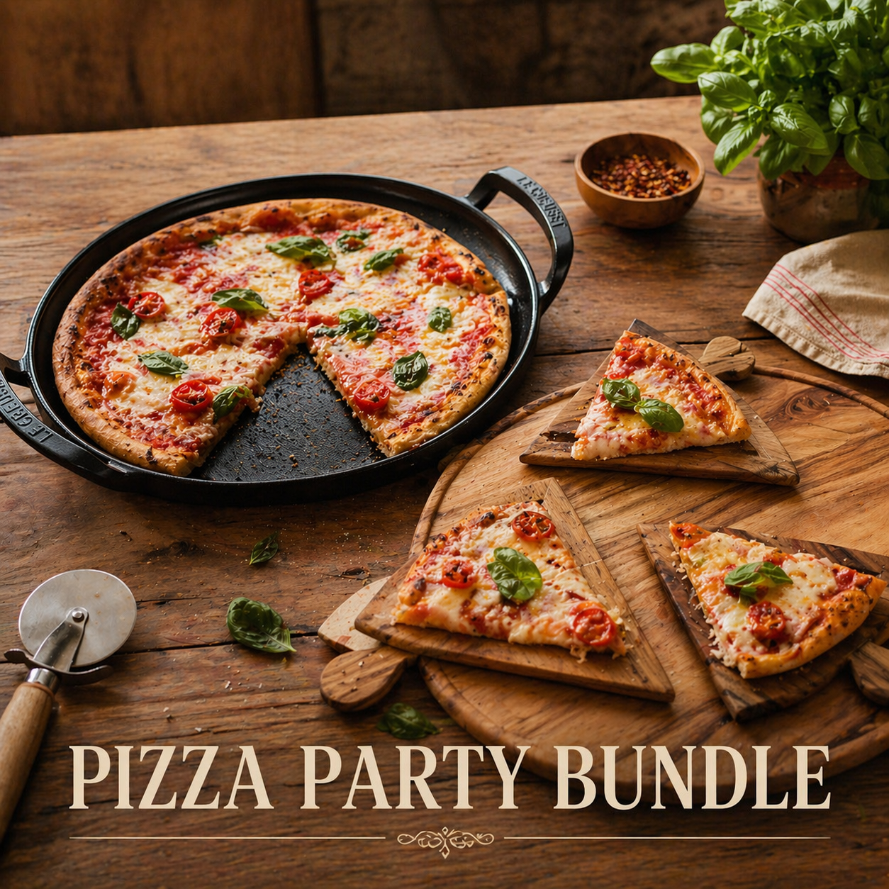 Pizza party bundle with a pizza on a pan, slices on a wooden board, and a pizza cutter on a rustic wooden table.