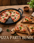 Pizza party bundle with a pizza on a pan, slices on a wooden board, and a pizza cutter on a rustic wooden table.