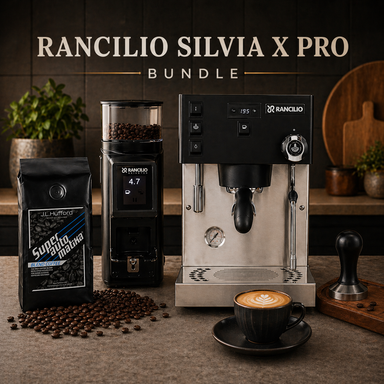 Rancilio Silvia X Pro coffee machine with Superautomatika coffee beans, grinder, tamper, and a cup of coffee on a wooden surface.