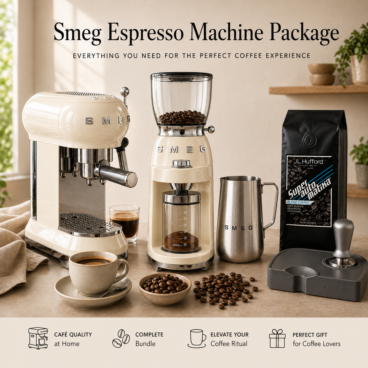 Superautomatika one pound bag with Smeg coffee grinder and espresso maker As well as a tamper and milk jug for the Smeg espresso machine package