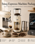 Superautomatika one pound bag with Smeg coffee grinder and espresso maker As well as a tamper and milk jug for the Smeg espresso machine package