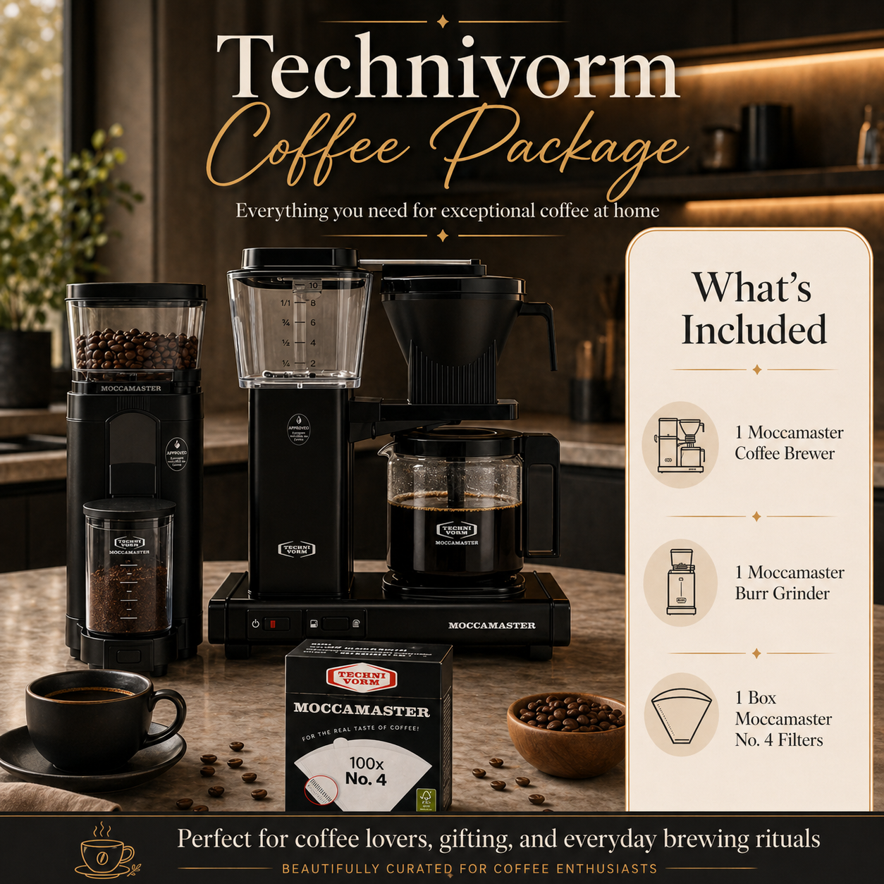 Technivorm coffee package promotional image with coffee maker, coffee filters, and a moccamaster burr grinder