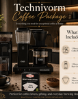 Technivorm coffee package promotional image with coffee maker, coffee filters, and a moccamaster burr grinder