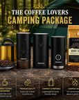 Camping package for coffee lovers with Aroma coffee maker, accessories and coffee beans, set against a forest background.