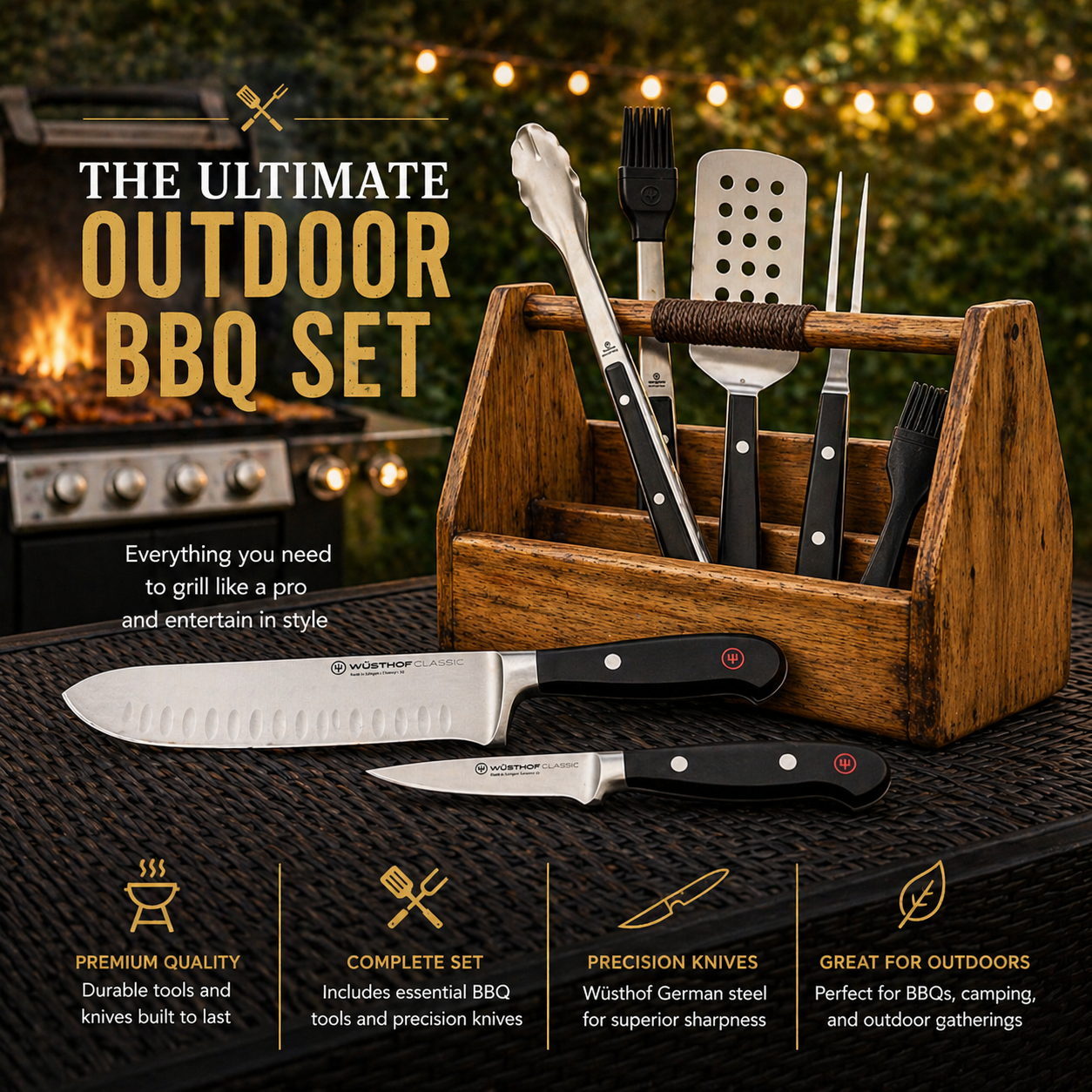 Outdoor BBQ set with tools and knives on a grill, featuring a wooden holder.