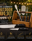 Outdoor BBQ set with tools and knives on a grill, featuring a wooden holder.