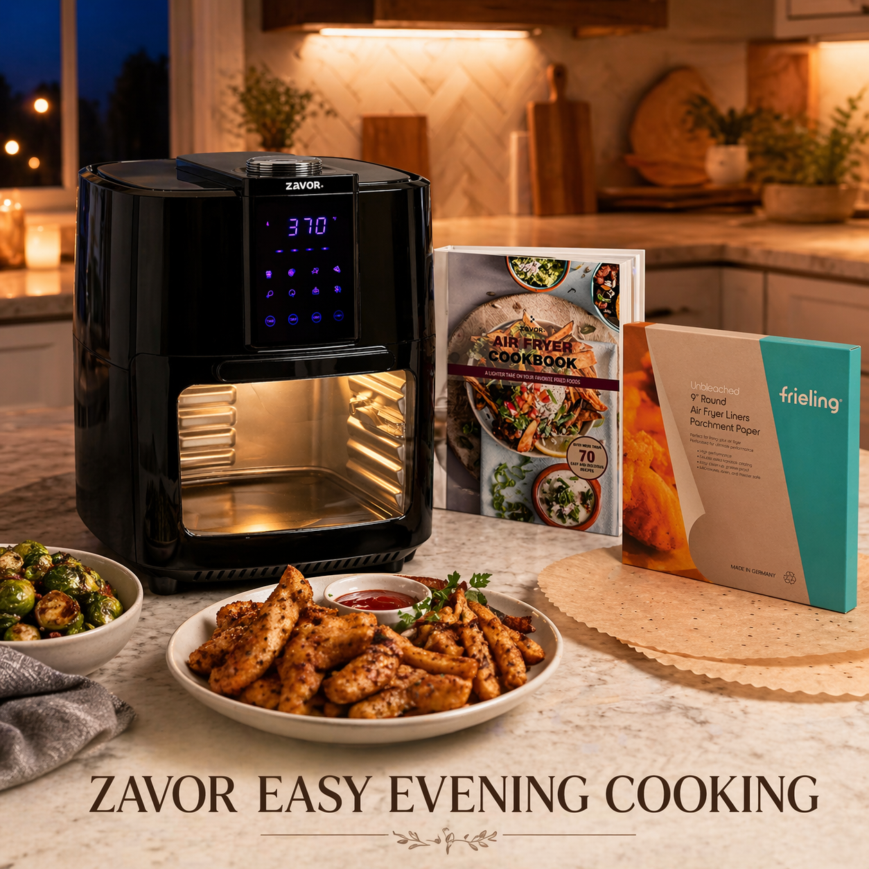 ZAVOR air fryer on a kitchen counter with cooked food, cookbook and air fryer liners.