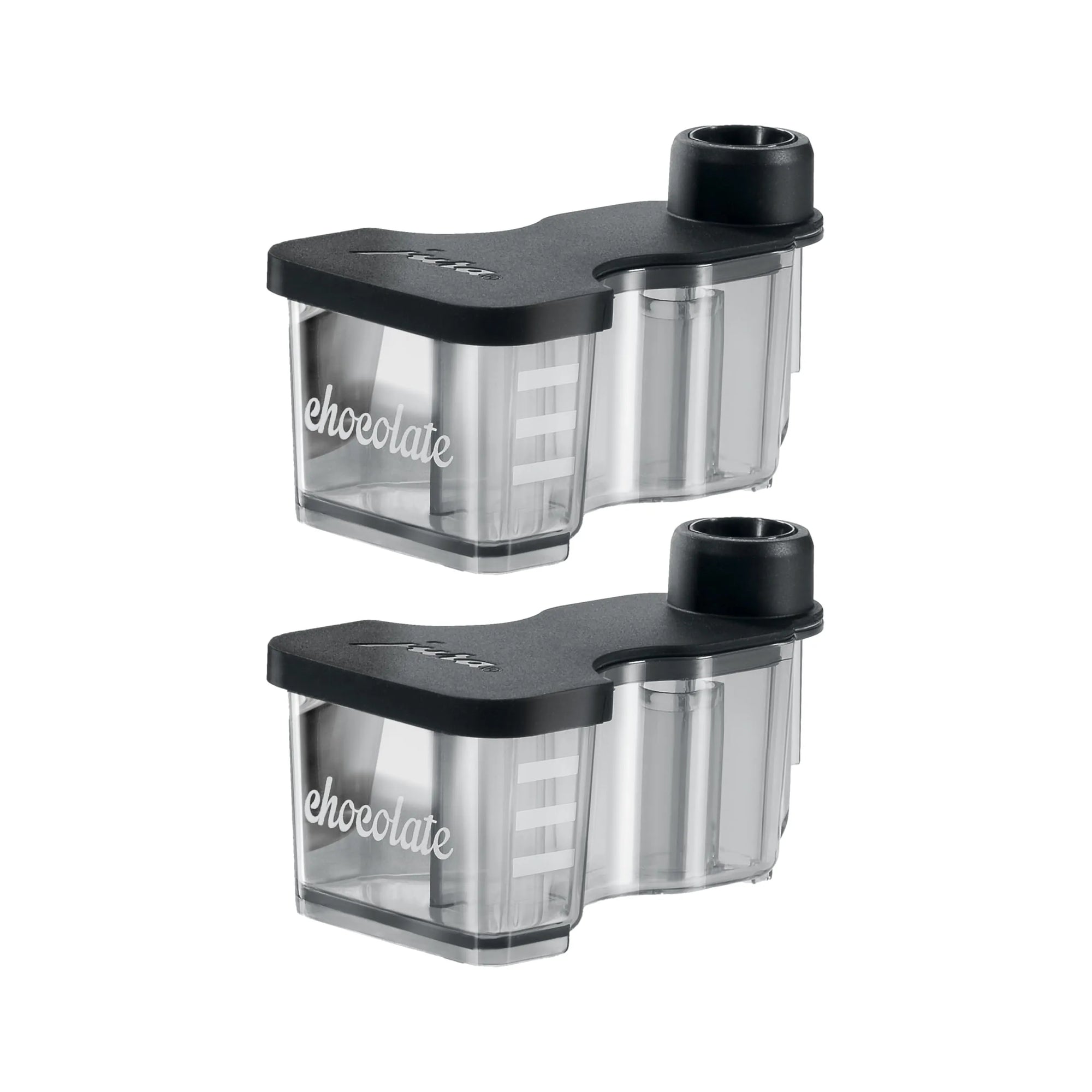Two clear Chocolate attachments with black tops and the word 'chocolate' printed in white on the side, shown on a plain white background.