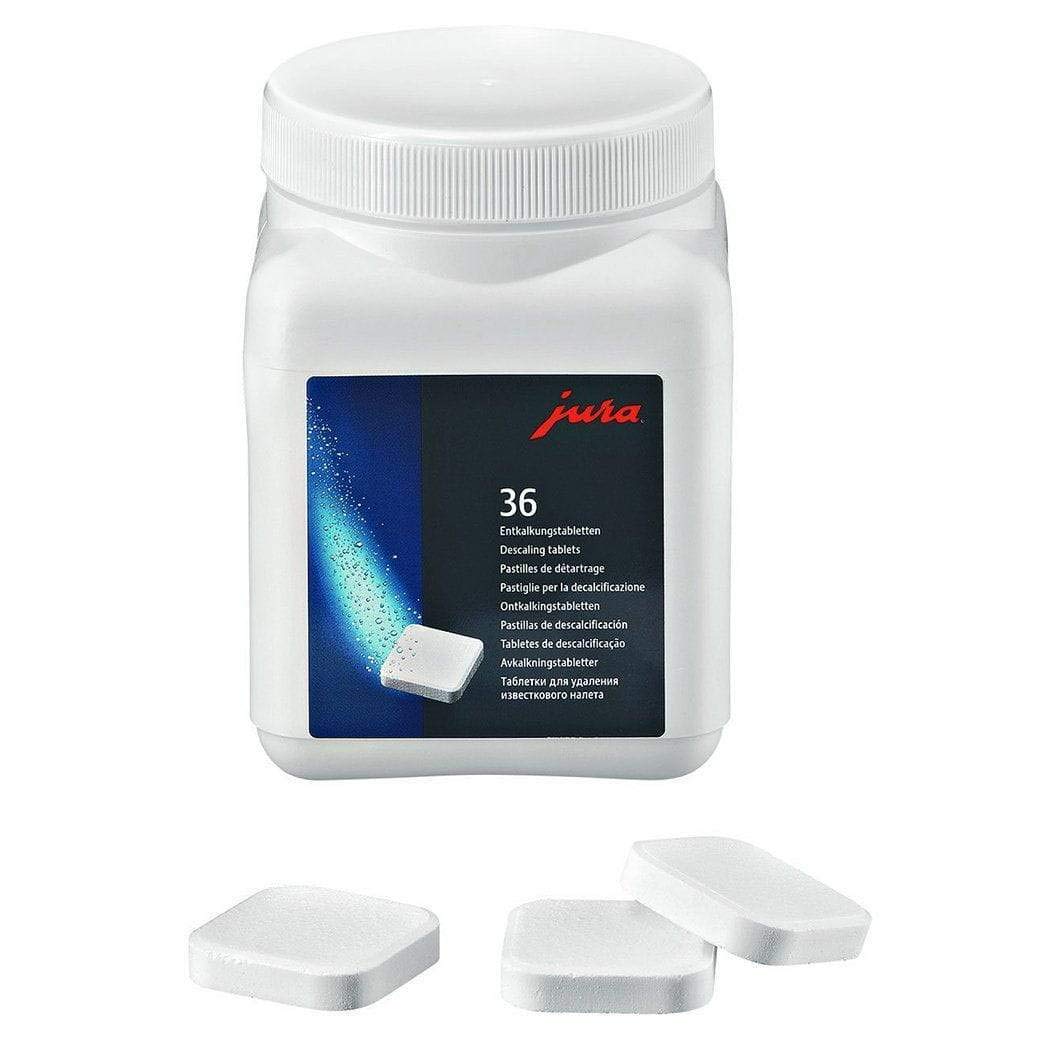 Jura white bottle for 36 descaling tablets with 3 white tablets in front of the bottle on a white background